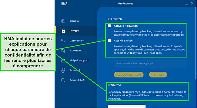 Capture d'écran des paramètres de l'application HMA mettant en évidence de courtes descriptions sous chaque option.