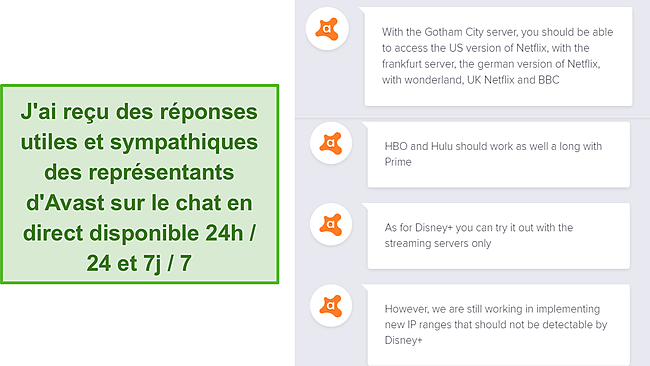 Capture d'écran de l'assistance par chat en direct d'Avast.