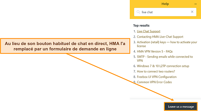 Capture d'écran du chatbot de HMA soulignant qu'il a remplacé l'option de chat en direct.