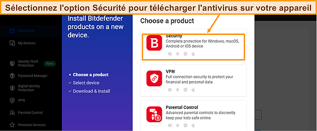 Capture d'écran montrant les catégories de produits d'essai gratuits de Bitdefender.