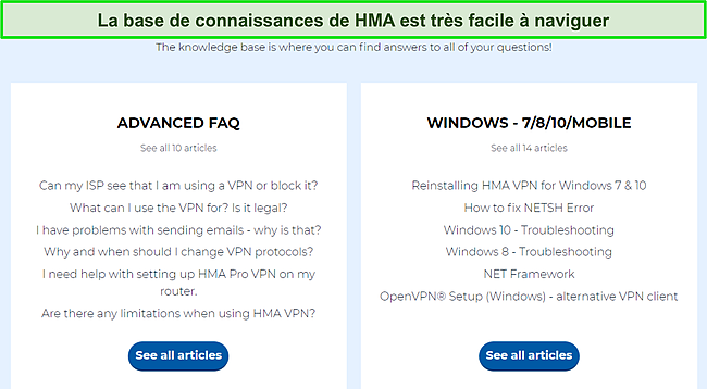 Capture d'écran de la page de la base de connaissances de HMA mettant en évidence les catégories de FAQ disponibles.