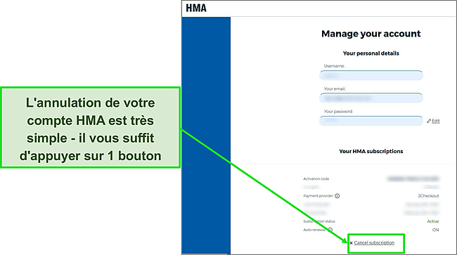Capture d'écran des options de compte de HMA mettant en évidence le bouton sur lequel appuyer pour annuler l'abonnement.