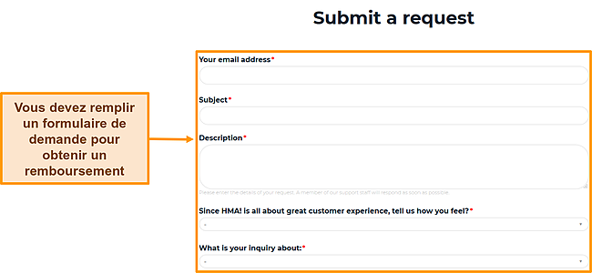 Capture d'écran du formulaire de demande de HMA indiquant les champs à remplir pour demander un remboursement.