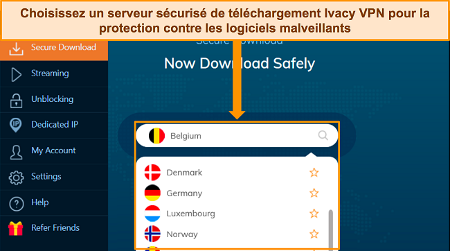 Capture d'écran de l'application Ivacy VPN Windows mettant en évidence les choix de serveur pour la fonction de téléchargement sécurisé.