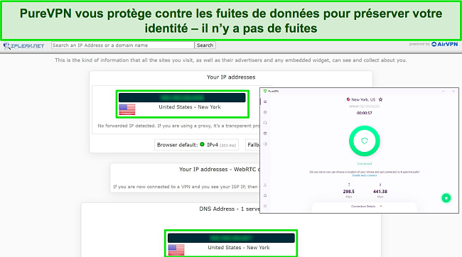 Capture d'écran d'un test ipleak.net montrant zéro fuite avec PureVPN connecté à un serveur américain.