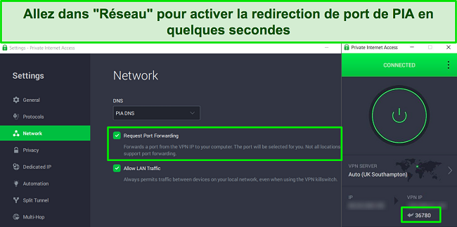 Capture d'écran de l'application Windows de PIA montrant comment activer la redirection de port dans le menu des paramètres réseau.