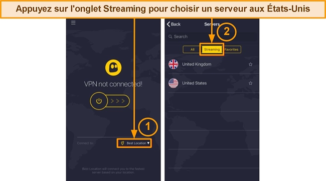 Écran d'accueil CyberGhost et écran des serveurs sur iPhone