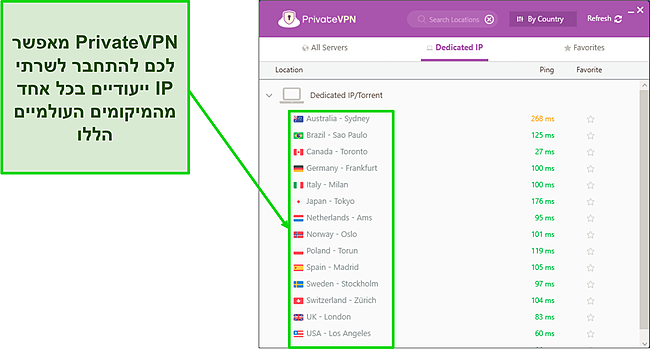 צילום מסך של תפריט שרת IP ייעודי של PrivateVPN ב-Windows.