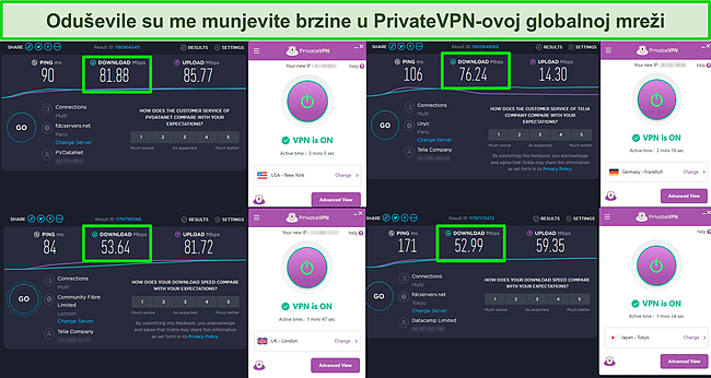 Snimka zaslona testova brzine PrivateVPN-a koji prikazuju poslužitelje u SAD-u, UK-u, Njemačkoj i Japanu.