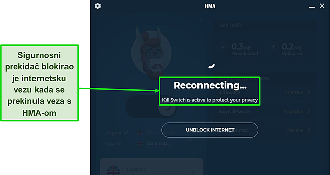 Snimka zaslona HMA-ovog Kill Switcha koji štiti moj promet tijekom prekida veze.