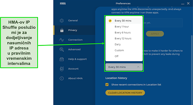 Snimka zaslona HMA-ove značajke IP Shuffle koja ističe frekvenciju na koju je možete postaviti.
