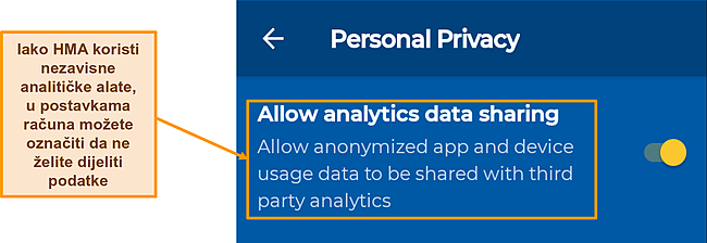 Snimka zaslona opcije dijeljenja podataka omogućene prema zadanim postavkama u HMA-ovoj Android aplikaciji.