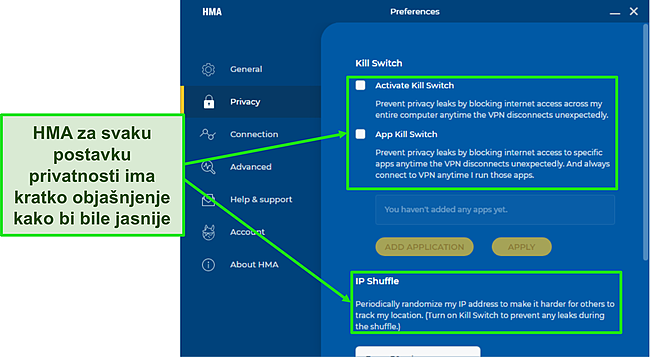 Snimka zaslona postavki unutar HMA-ove aplikacije s kratkim opisima ispod svake opcije.