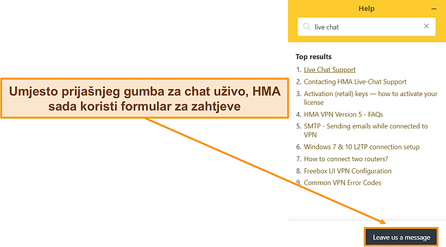 Snimka zaslona HMA-inog chatbota na kojem se ističe da je zamijenio opciju chata uživo.