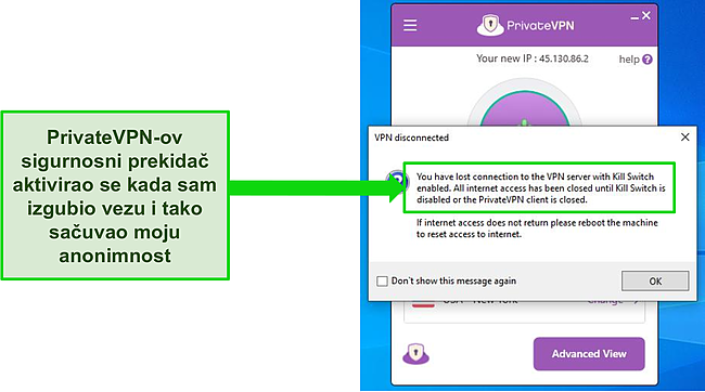 Snimka zaslona dijaloškog okvira prekidača za isključivanje interneta privatnog VPN-a.