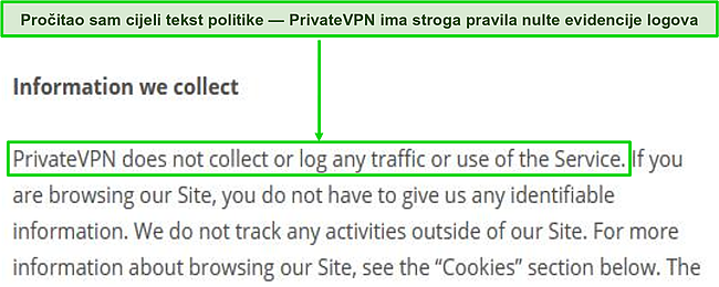 Snimka zaslona pravila privatnosti PrivateVPN-a na njegovoj web stranici.