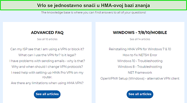 Snimka zaslona HMA-ove stranice baze znanja koja ističe dostupne kategorije često postavljanih pitanja.