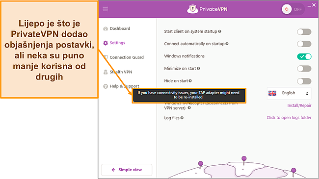 Snimka zaslona objašnjenja u izborniku postavki PrivateVPN-a.