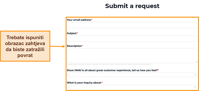 Snimak zaslona obrasca zahtjeva HMA-a koji ističe koja polja je potrebno ispuniti da biste zatražili povrat novca.
