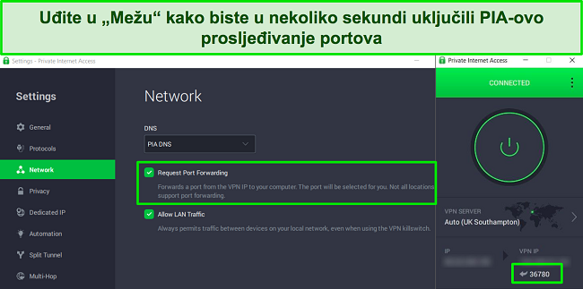 Snimka zaslona PIA-ine Windows aplikacije koja pokazuje kako uključiti prosljeđivanje priključka u izborniku mrežnih postavki.