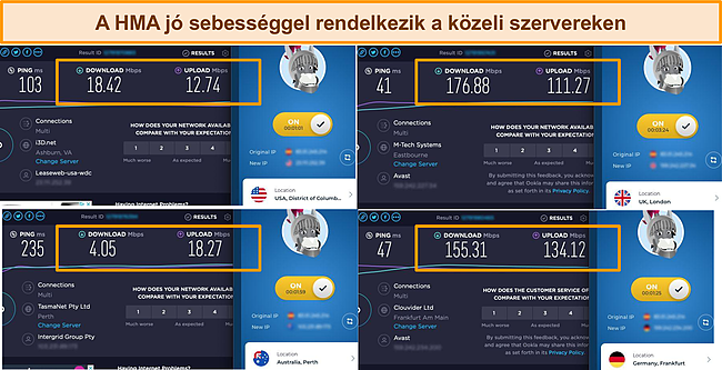 Képernyőkép 4 különböző HMA szerveren végzett sebességtesztekről.