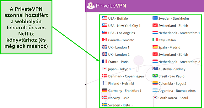 Képernyőkép a PrivateVPN webhelyén található szerverek listájáról, amelyeknek működniük kell a Netflix-szel.
