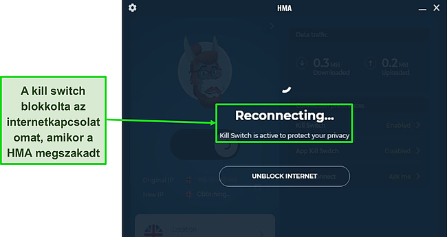 Képernyőkép a HMA Kill Switch-jéről, amely védi a forgalmamat a kapcsolat megszakadása közben.