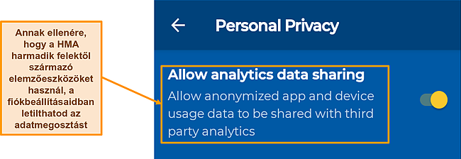 Képernyőkép az adatmegosztási beállításról, amely alapértelmezés szerint engedélyezve van a HMA Android-alkalmazásában.