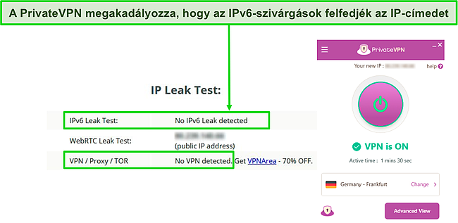 Képernyőkép a sikeres IPv6-szivárgástesztről, miközben egy németországi PrivateVPN-kiszolgálóhoz csatlakozik.