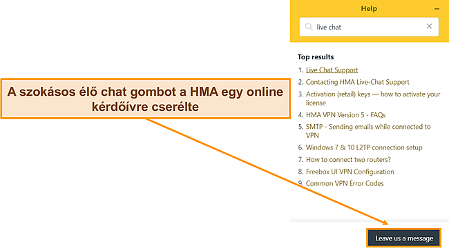 Képernyőkép a HMA chatbotjáról, amely kiemeli, hogy felváltotta az élő chat opciót.