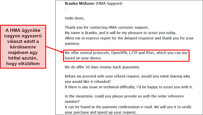 Képernyőkép a HMA e-mailes támogatási csapatáról.