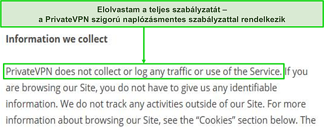 Képernyőkép a PrivateVPN adatvédelmi szabályzatáról a webhelyén.