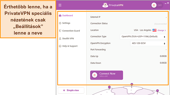 Képernyőkép a PrivateVPN Advanced View és Simple View Windows rendszerben.