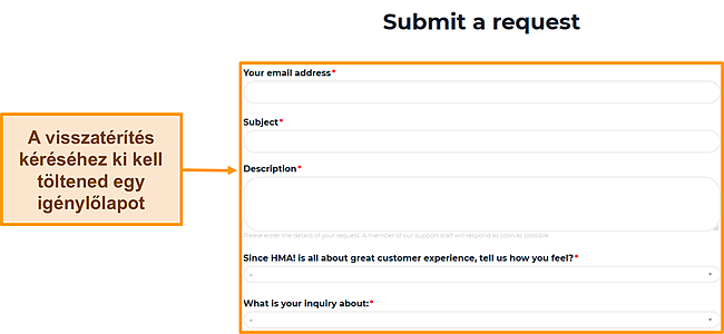 Képernyőkép a HMA igénylőlapjáról, amely kiemeli, hogy mely mezőket kell kitölteni a visszatérítés kéréséhez.
