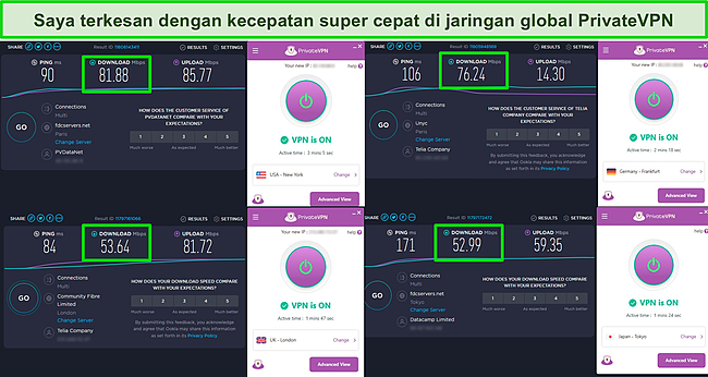 Tangkapan layar tes kecepatan PrivateVPN yang menunjukkan server di AS, Inggris, Jerman, dan Jepang.