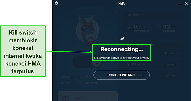 Tangkapan layar Kill Switch HMA yang melindungi lalu lintas saya selama koneksi terputus.