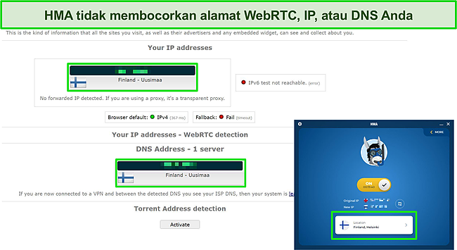 Tangkapan layar pengujian IP, DNS, dan WebRTC di server HMA tidak menunjukkan kebocoran.