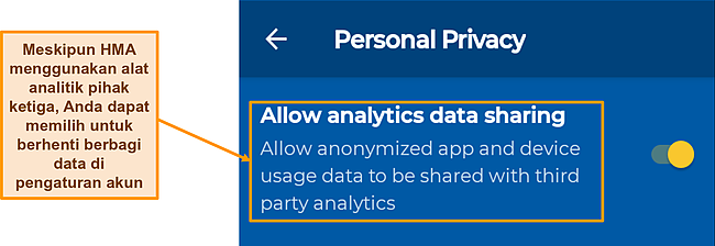 Tangkapan layar opsi berbagi data diaktifkan secara default di aplikasi Android HMA.