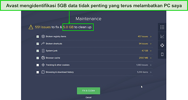 Tangkapan layar alat pengoptimalan Avast.