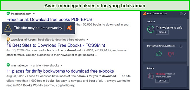 Tangkapan layar ekstensi browser Avast yang menandai situs web tidak aman.