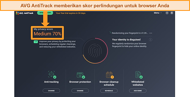 Cuplikan layar AVG AntiTrack memberikan skor perlindungan browser.