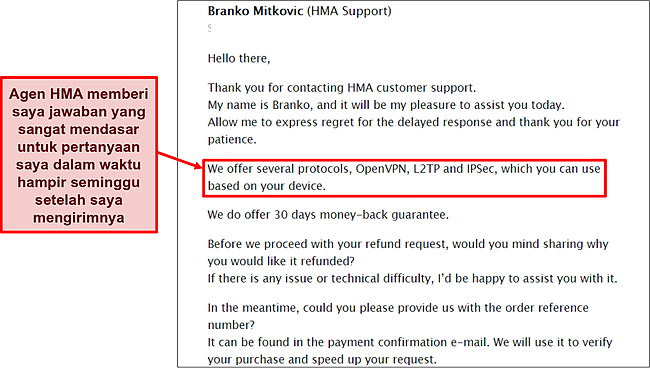 Tangkapan layar tim dukungan email HMA.