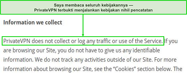 Tangkapan layar kebijakan privasi PrivateVPN di situs webnya.