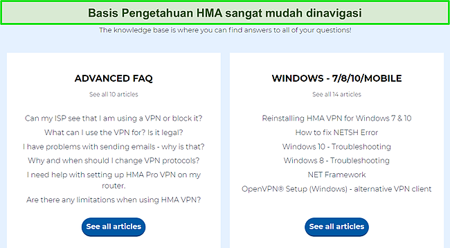 Tangkapan layar halaman Basis Pengetahuan HMA yang menyoroti kategori FAQ yang tersedia.