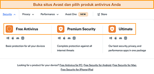 Tangkapan layar produk antivirus Avast yang terdaftar di situs webnya.