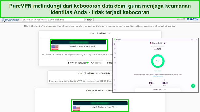 Cuplikan layar pengujian ipleak.net yang menunjukkan nol kebocoran dengan PureVPN yang terhubung ke server AS.