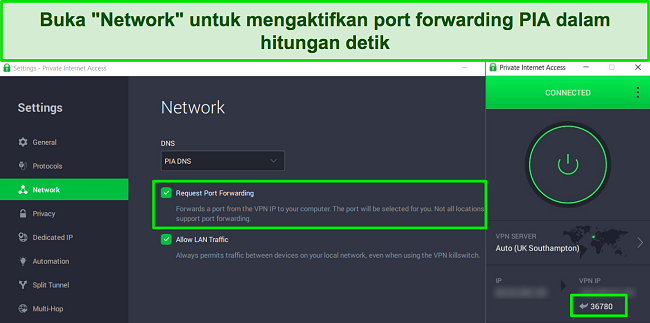 Cuplikan layar aplikasi Windows PIA yang menunjukkan cara mengaktifkan penerusan porta di menu pengaturan Jaringan.