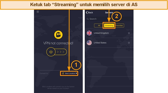 Layar beranda CyberGhost dan layar server di iPhone