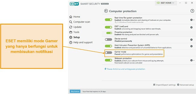 Fitur mode Gamer ESET