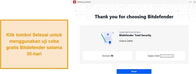 Tangkapan layar tombol Bitdefender untuk menyelesaikan pendaftaran uji coba gratis